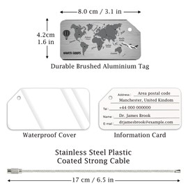 Luggage Tags 2 PCS, Luggage Labels for Suitcase, Travel Accessories with World Skyline Design - Brushed Aluminum Alloy with Name ID Labels for Small & Large Suitcase (World Map Pack-2)