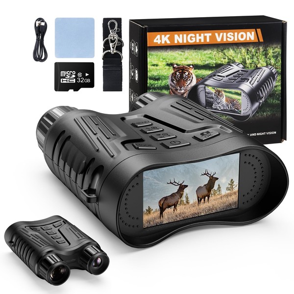 Night Vision Device, 4K Night Vision Devices, 2600 mAh Rechargeable Night Vision Device, Hunting with 32 GB TF Card, 8 x Digital Zoom, 3.2 Inch LCD, 7 Levels IR Night Vision Goggles for Camping,