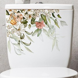 Toilet Lid Cistern Stickers-Green Leaves Toilet Stickers-Flowers Bathroom Toilet Stickers, Self-Adhesive Toilet Lid Stickers-DIY Removable Waterproof Toilet Sticker 11.4x8.6in