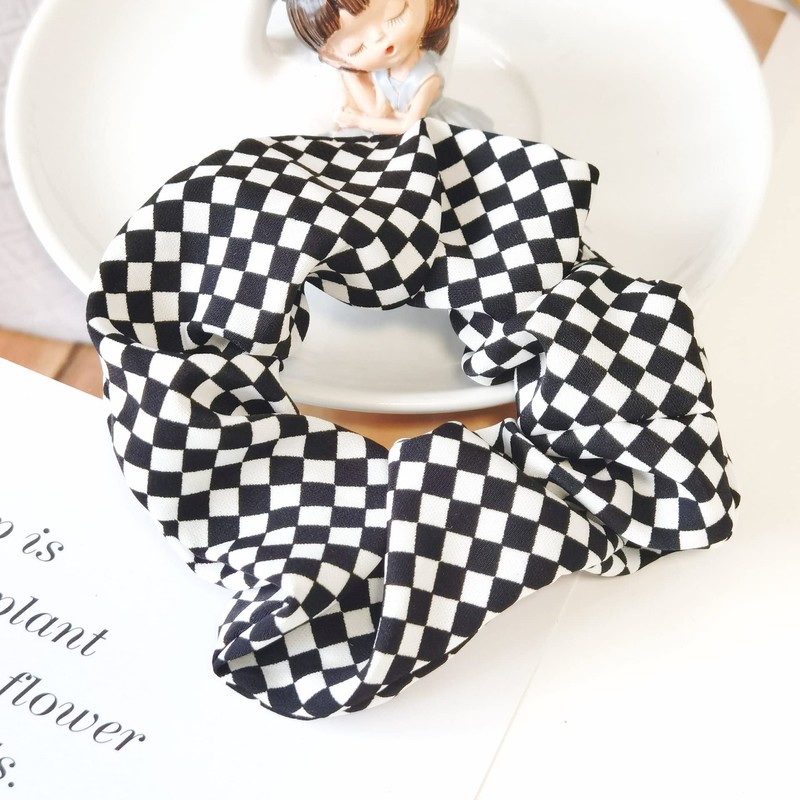 Checkered Plaid Hair Scrunchies Black White Checkerboard BW17 (Black White