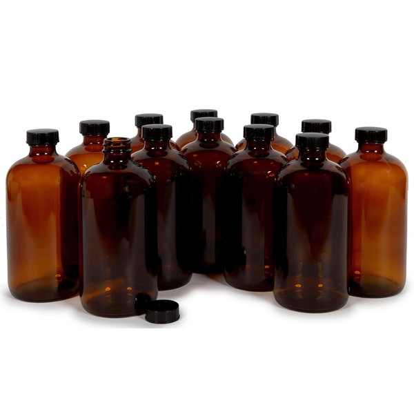 Vivaplex, 12, Amber, 16 oz Glass Bottles, with Lids