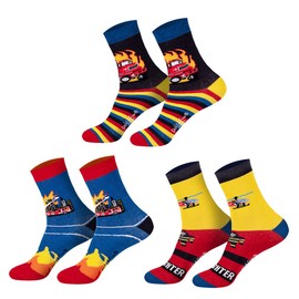 Ladies Boys Girls Socks (6 Pairs) Funny Colourful, Fire brigade, 23 - 26