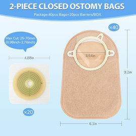Pack of 60 Ostomy Bags, 2-Piece Colostomy Bags for Colostomy Ileostomy Ostomy Care, Can be Cut to 70 mm (40 x Ostomy Bags + 20 x Skin Protection)