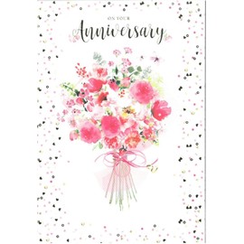 Wedding Anniversary Card - Pink Flowers and Gold Foil 7.75" x 5.25"