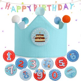 Ulibanner Reusable Birthday Crown, Numbers, Kids Birthday Hat, Fabric Crown, Toddler Boy Girl Baby Bday Hats (Sky blue + light blue1)