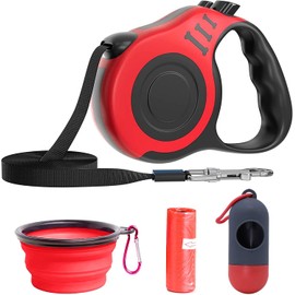Correa Retráctil para Perros, Mascotas Retráctil para Perro, 5M Correa Automática para Perros con Cuenco Plegable, Dispensador Y Bolsas De Basura para Perros De hasta 55 Libras, Rojo