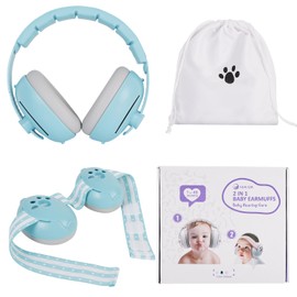Baby Ear Muffs Noise Protection, 2-in-1 Baby Headphones for Noise, Adjustable Baby Headphones with Stretchy Band, Kids Noise Cancelling Headphones up to 4 Years, Toddler Airplane Essentials, Blue