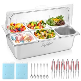 Countertop Ice Food Serving Display Container, Spice Display Salad Dressing Cooler, Stainless Steel Food Serving Tray Buffet Condiment Dispenser with Clear Roll Top Cover, Clamps, Spoons, Ice Box