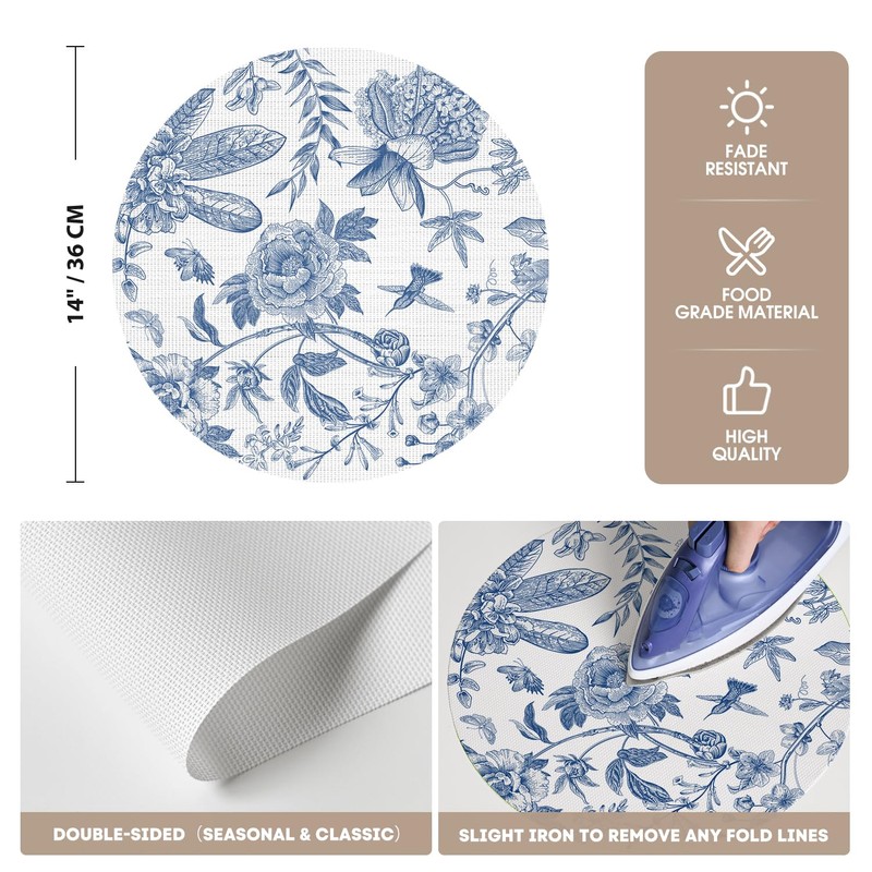 Artoid Mode Blue Floral Vinyl Round Spring Placemats Set of