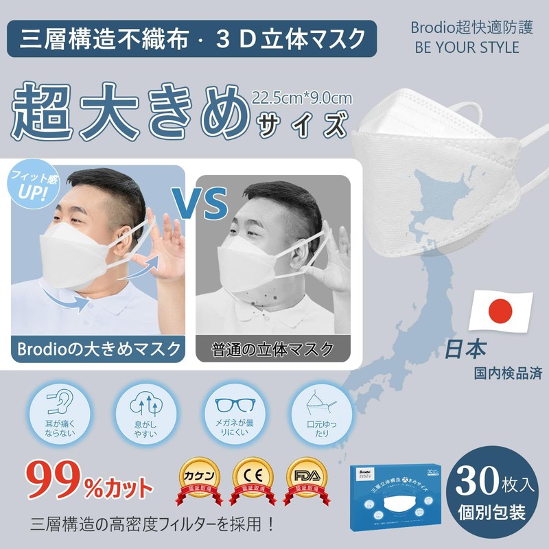 立体 マスク 大きめ22.5cm/やや大きめ21cm 不織布 個包装 30枚入 3D 大人用 【耳が痛くならない】 brodioマスク