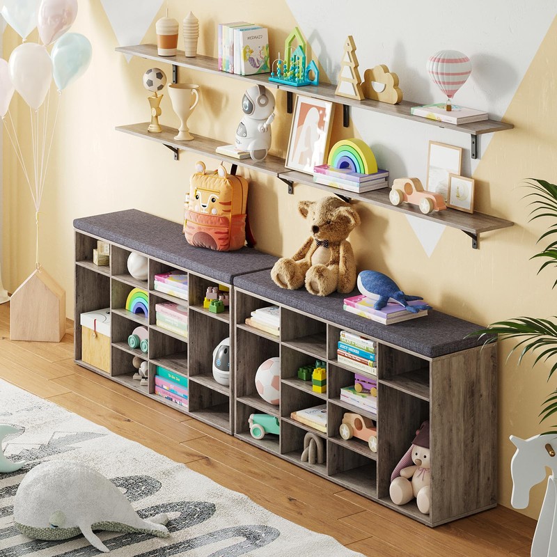 DINZI LVJ Shoe Storage Bench with Cushion, 16-Cubby Shoe Rack,