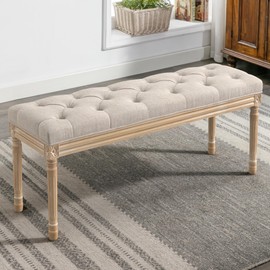 LUE BONA 44" Bedroom Bench, Vintage French Tufted End of Bed Bench, Upholstered Fabric Ottoman Bench with Carved Wood Legs for Bedroom,Piano Stool for Living Room,Foyer, Linen