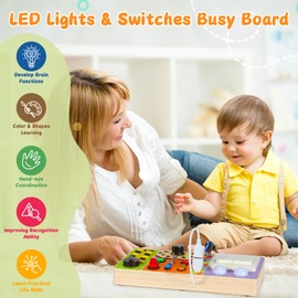 Busy Board Montessori Toys for 1-3 Years Old, Wooden Sensory Board Switch Toy with 19 LED Light, Switch Toys, Button Toy, Travel Activity Educational Learning Toddler Toys for 1+ Year Old Boy and Girl