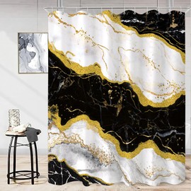 Fungarth Black White Gold Marble Shower Curtain Modern Abstract Shower Curtains for Bathroom Cool Art Pretty Waterproof Fabric Bath Curtain Decor with Hooks (Black, 72” x 72”)