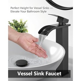 Vessel Sink Faucet Waterfall Tall Bathroom Faucet Single Handle,Single Hole Lavatory Vanity Mixer Tap with Pop Up Drain and Supply Lines,Matte Black
