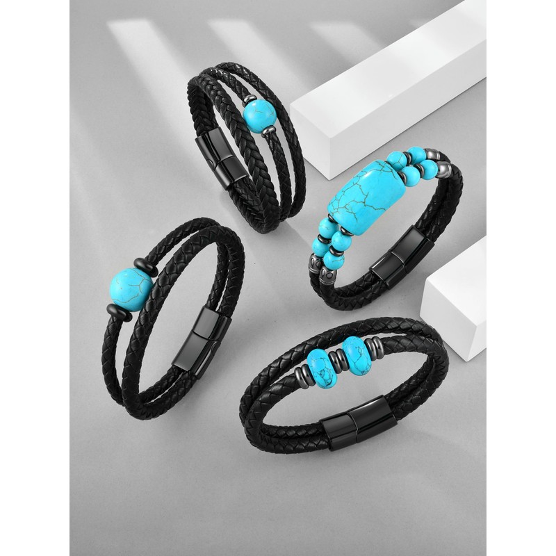 Starnny Men Turquoise Bracelet Leather Cuff Bracelet for Men 23cm