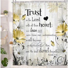 Bible Verse Inspirational Quote Shower Curtain, Yellow Floral Daisy Trust in The Lord Waterproof Fabric Shower Curtain, Rustic Farmhouse Butterfly Bathroom Shower Curtain with 12PCS Hooks, 70X70IN