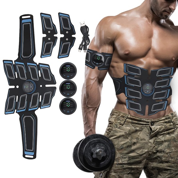 Dispositivo de Entrenamiento EMS, Pantalla de Entrenamiento Muscular Abdominal Estimulador Muscular 6 Modos Y 15 Intensidades, Estimulador Muscular Recargable USB Intensidades de Entrenamiento(azul)