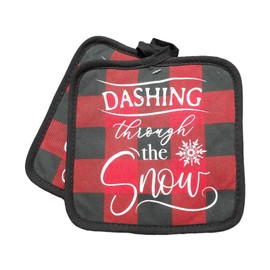 Christmas Potholder Set 2 Pieces Festive Whimsical Print (Dashing Through The Snow Plaid)