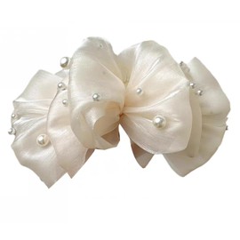 HAPVITAL Ruffled Ribbon Hair Claw Large Large Cute Hair Clip Adult Hair Accessory Set Hair Clip Hair Accessory Clip Banana Clip Hair Ornament Korean Style Office Gift Women's Stylish (White Pearl)