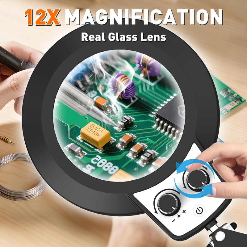 KIRKAS 12X Magnifying Glass with Light and Stand, Extra-Long Arm
