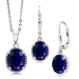 Gem Stone King 925 Sterling Silver Blue Sapphire Pendant and Earrings Jewelry Set For Women (8.90 Cttw, Gemstone Birthstone, Oval 11X9MM and 9X7MM, with 18 Inch Silver Chain)