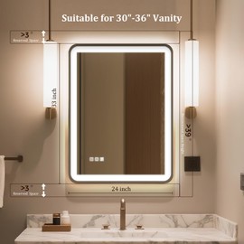 24"X32" LED Bathroom Mirror with Lights, Mirror for Bathroom Wall with Frontlit and Backlit,IP54 Enhanced Anti-Fog,Bathroom Vanity Mirror 3 Colors Dimmable CRI>90 Double Lights,Tempered Glass(R-Angle)