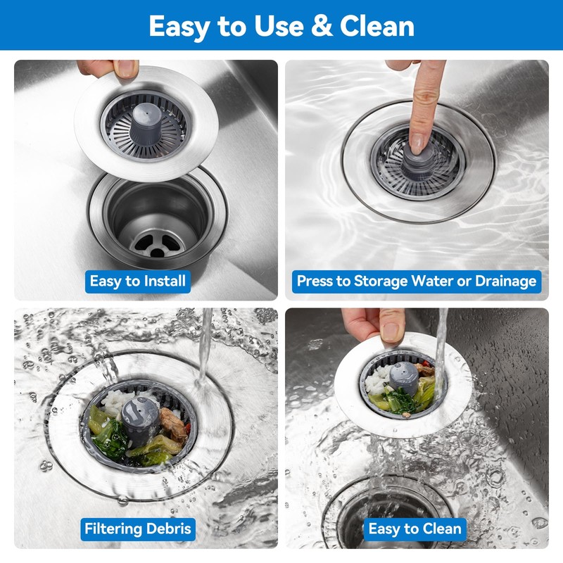 Fozite Upgraded 3-in-1 Kitchen Sink Drain Strainer, Stainless Steel Pop