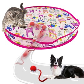 Crazydeer Interactive Cat Toy for Indoor Play Mat Toy with Self Rolling Ball in Pouch, Motion Activate&Chirping, Hide and Seek Rechargeable Toy- Red