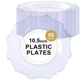 COLOSUS 60pcs Clear Plastic Party Dinner Plates - 10.5 Inch- Heavy Duty Disposable Plastic Dinner Plates for Party Wedding and Everyday Use