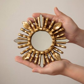 DecorContreras Small Peruvian Sunburst Mirror 6" | Hand-Carved Mohena Wood & Bronze Leaf | Vintage Gold Accent Wall Decor for Boho & Home Entryway (Gold)
