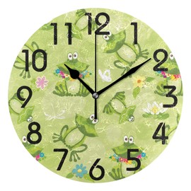ZzWwR Cute Cartoon Frog Lotus Pond Pattern Round Wall Clock, 9.5 Inch Battery Operated Quartz Analog Quiet Desk Clock for Home,Office,School