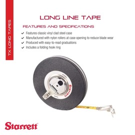 Starrett Closed Reel Long Line Tape with Nylon Rollers, Rewind Mechanism, and Folding Hook Ring - 100' Length, 3/8" Width, 1/8" Graduations, L1 Graduation Style Number - 530-100