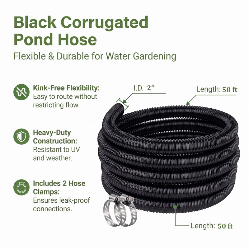 Pond Hose ID 2” × 50ft Black Corrugated Flexible Pump