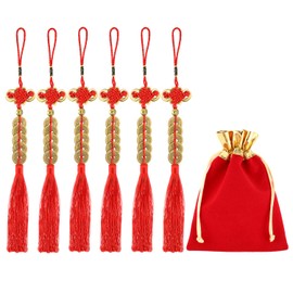 6 Pieces Chinese Lucky Coins Feng Shui Coins Knot Emperor Lucky Coins I-Ching Fortune Coin and Storage Bag for Good Luck and Healthy