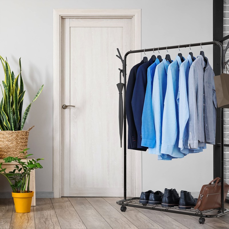 Simple Houseware Industrial Style Garment Rack With Wheels And Hooks,