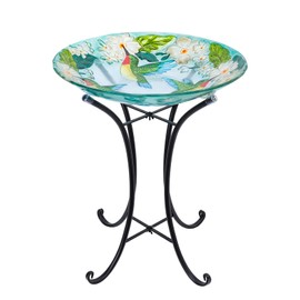 MUMTOP Bird Baths for Outdoors, Hummingbird Glass Large Bird Bath Bowl with Metal Stand, 18 Inch Bird Feeders for Outside and Garden, Patio,Lawn Decor (Hydrangea)