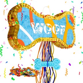 MUWOOB Dog Bone Pinata for Puppy Birthday Party Decorations, Pull String Pinata for Dog Themed Party Supplies, Golden and Blue Bones (16.5 x 9 x 3 inches)