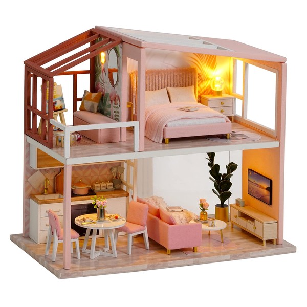 DIY Miniature Dollhouse Kit Handmade Wooden Dolls House & Furniture Kit 1:24 Scale Creative Doll House Toys Nordic Apartment Model (Heart-Warming Life)