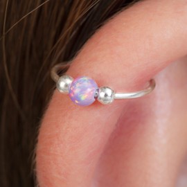 Tiny Silver Helix Hoop - Handmade 8mm Hoop with a Cute 3mm Pink Opal - Thin 20 Guage Sterling Silver Cartilage Earring Piercing Hoop