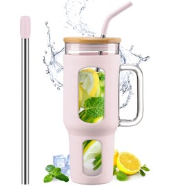 WINSA Glass Tumbler with Lid and Straw, 46 oz Iced Coffee Cup with Handle, Glass Water Bottles with Silicone Sleeve, Glass Cup with Straws - Pearl Straw & Drinking Straw BPA Free-CottonPink