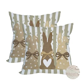 Fukeen 2 Pack Waterproof Easter Pillow Covers 20x20 Inch Rabbit Bunny Brown Stripes Throw Pillow Cases Easter Spring Holiday Farmhouse Decorations Double Sided Cushion Cover for Sofa Couch