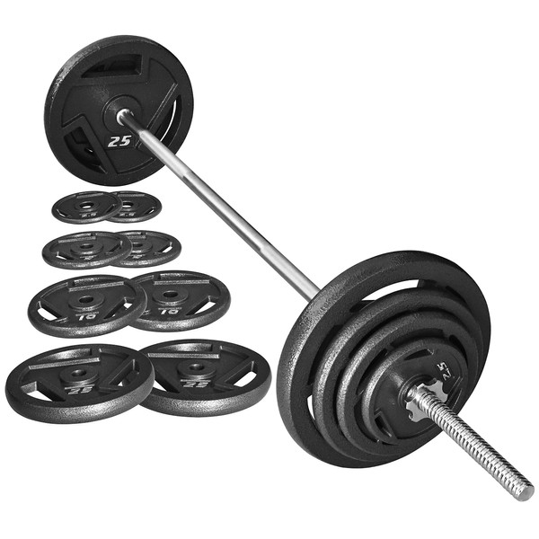 Signature Fitness Cast Iron Standard Weight Plates Including 5FT Standard Barbell with Star Locks, 95-Pound Set (85 Pounds Plates + 10 Pounds Barbell), Multiple Packages, Style #3
