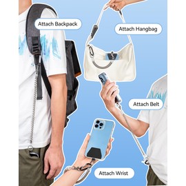 Phone Tether Lanyard, SHANSHUI Strong Spring Rope Climbing Hook, 4x Phone Tether Tabs Free Your Hand Anti Theft Phone Strap for All Smartphones for Outdoor Cycling Climbing Skiing Hiking - 2PCS Sliver