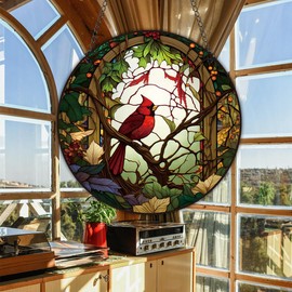 HOTIYOK Bird on Branch Stained Acrylic Window Hanging Panel Red Cardinal Ornament for Indoor Wall Decorations Gifts for Mom Grandma Teacher Nature Lover