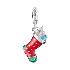 THOMAS SABO Women's Christmas Socks Charm Silver Recycled 925 Silver, Blackened, Cold Enamel 2199-691-7, Sterling Silver, Cubic Zirconia