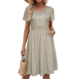 YATHON Summer Dresses for Women 2023 with Sleeves Cotton V Neck Button Down A Line Casual Dress Pockets(1-YT097-Khaki Floral 01,XL)