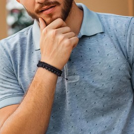 CARITATE Black Beaded Bracelets for Men Boys - 8mm Obsidian Onyx Lava Beads Cuban Link Chain Mens Bracelet Jewelry - Cool Anniversary Valentines Fathers Birthday Gifts for Him Boyfriend Husband