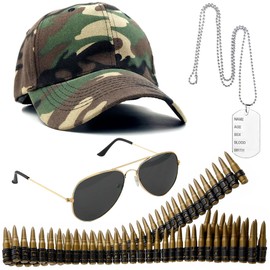 Amslia Military Hat Costume Accessories, Army Accessories Ammo Soldier with Fake Bullet Belt Camouflage Baseball Cap for Men