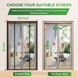 DIGDRAM DIGDRAM Magnetic Screen Door Upgraded PET Mesh Greater Than Fiberglass and Polyester,Double Door Screen Magnetic Closure for Sliding Door,Patio Door and French Door,Fit Door Size 72" X 80"